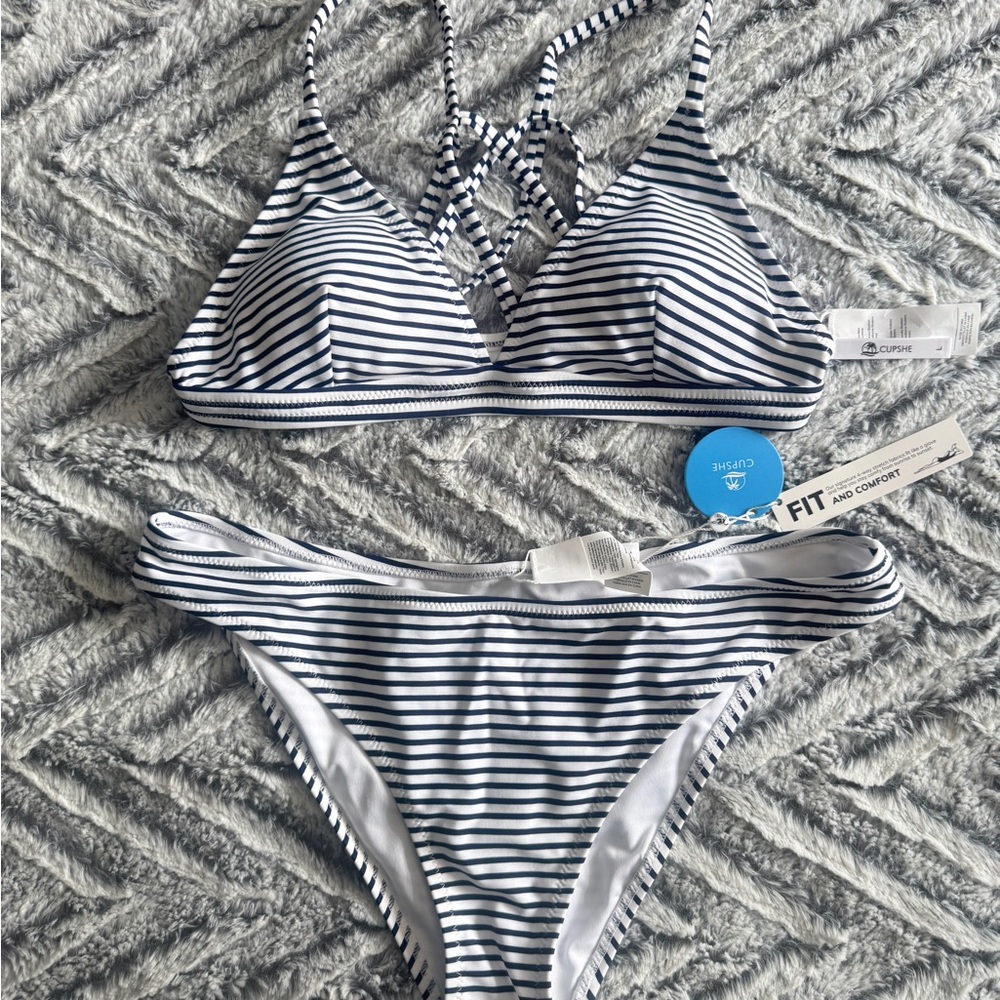 Cupshe Navy and White Striped Bikini